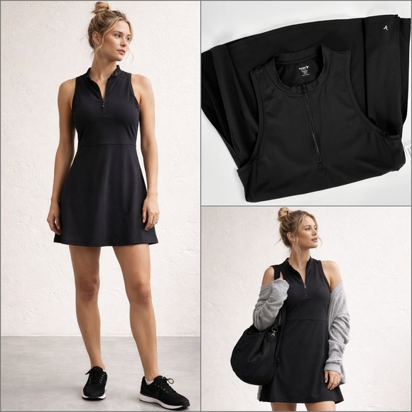Old Navy Dresses & Skirts - NWT MockNeck HalfZip Pleated Black Athletic Dress LP Mini Tennis Pickleball Golf